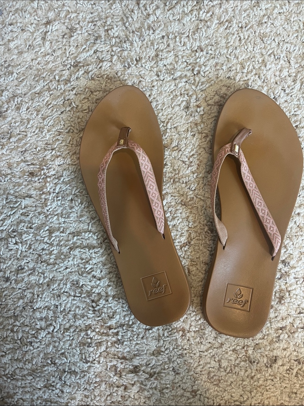 Reef Women's Brown Flip Flops with Pink Patterned Straps